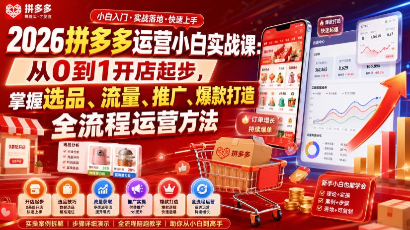 2026拼多多运营小白实战课：从0到1开店起步，掌握选品、流量、推广、爆款打造全流程运营方法-777网创网