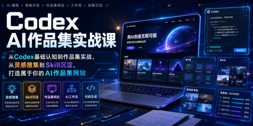 Codex AI作品集实战课，从Codex基础认知到作品集实战，从灵感搜集到Skill沉淀，打造属于你的AI作品集网站-777网创网