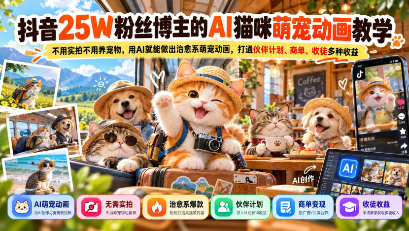抖音25W粉丝博主的AI猫咪萌宠动画教学,不用实拍不用养宠物,用AI就能做出治愈系萌宠动画,打通伙伴计划、商单、收徒多种收益-777网创网