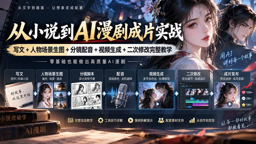 (20577期)从小说到AI漫剧成片实战:写文+人物场景生图+分镜配音+视频生成+二次修改完整教学-777网创网