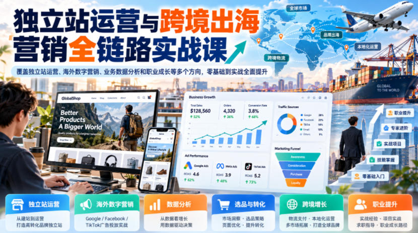 独立站运营与跨境出海营销全链路实战课,覆盖独立站运营、海外数字营销、业务数据分析和职业成长等多个方向,零基础到实战全面提升-777网创网