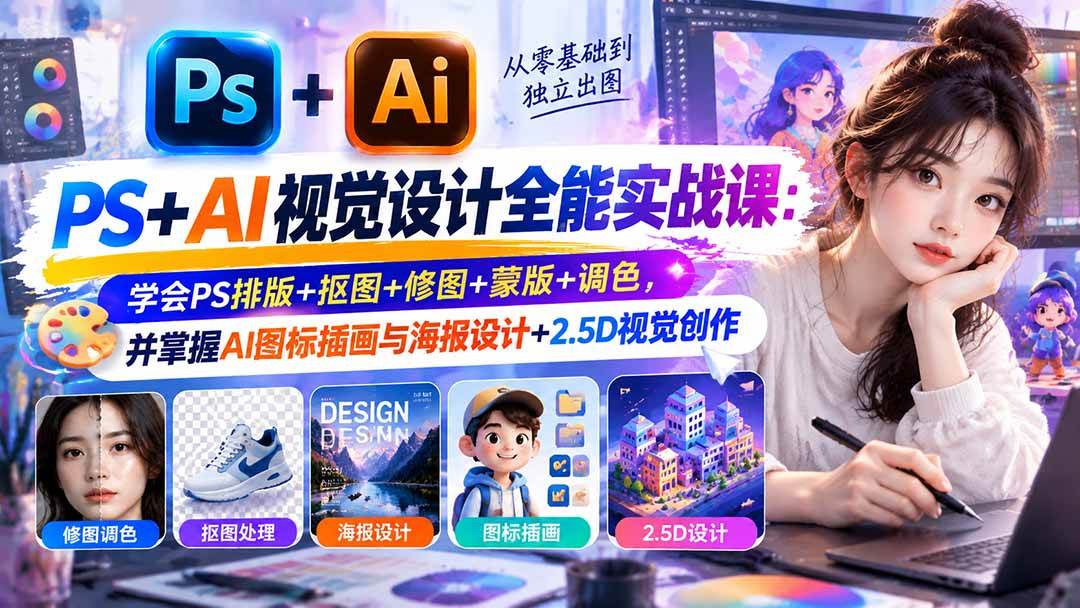 (20749期)【无水印】PS+AI视觉设计全能实战课:学会PS排版+抠图+修图+蒙版+调色,并掌握AI图标插画与海报设计+2.5D视觉创作-777网创网
