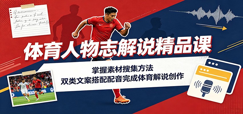 体育人物志解说精品课：掌握素材搜集方法，双类文案搭配配音完成体育解说创作-777网创网