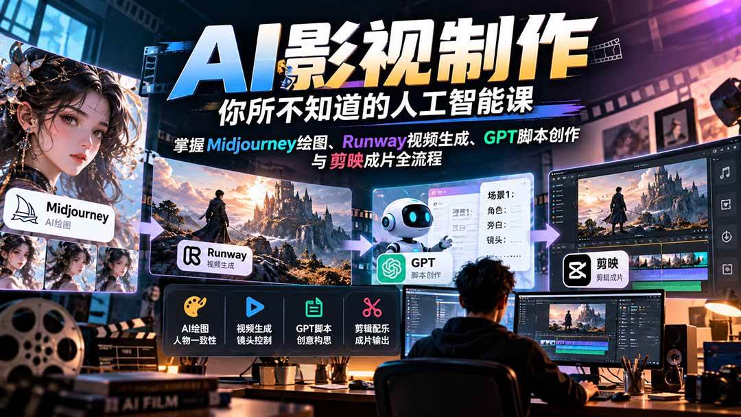 (20681期)AI影视制作-你所不知道的人工智能课,掌握Midjourney绘图、Runway视频生成、GPT脚本创作与剪映成片全流程-777网创网