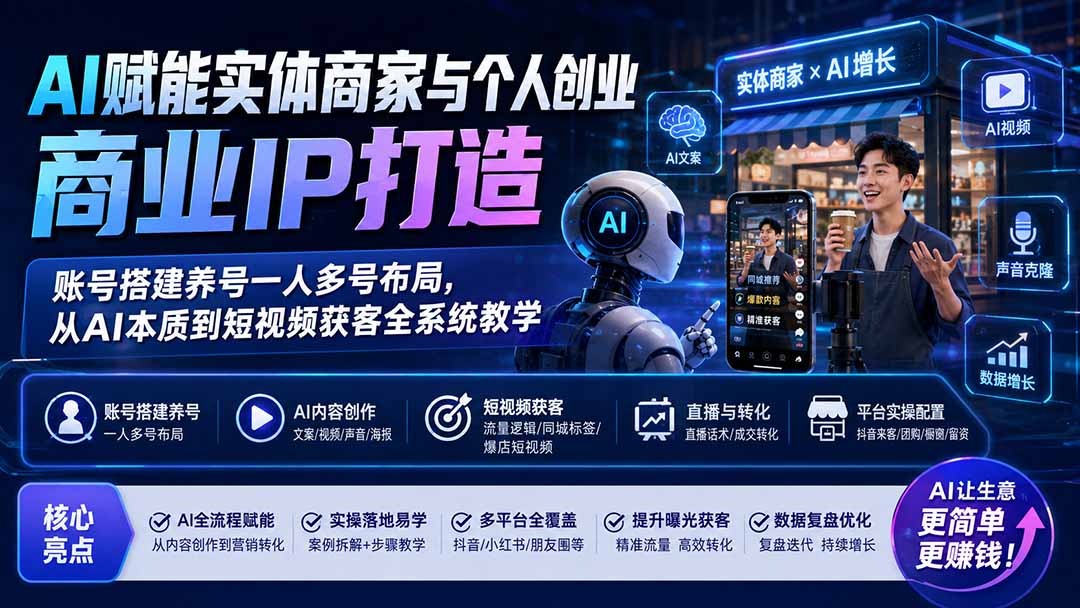 AI赋能实体商家与个人创业商业IP打造；账号搭建养号一人多号布局，从AI本质到短视频获客全系统教学-777网创网
