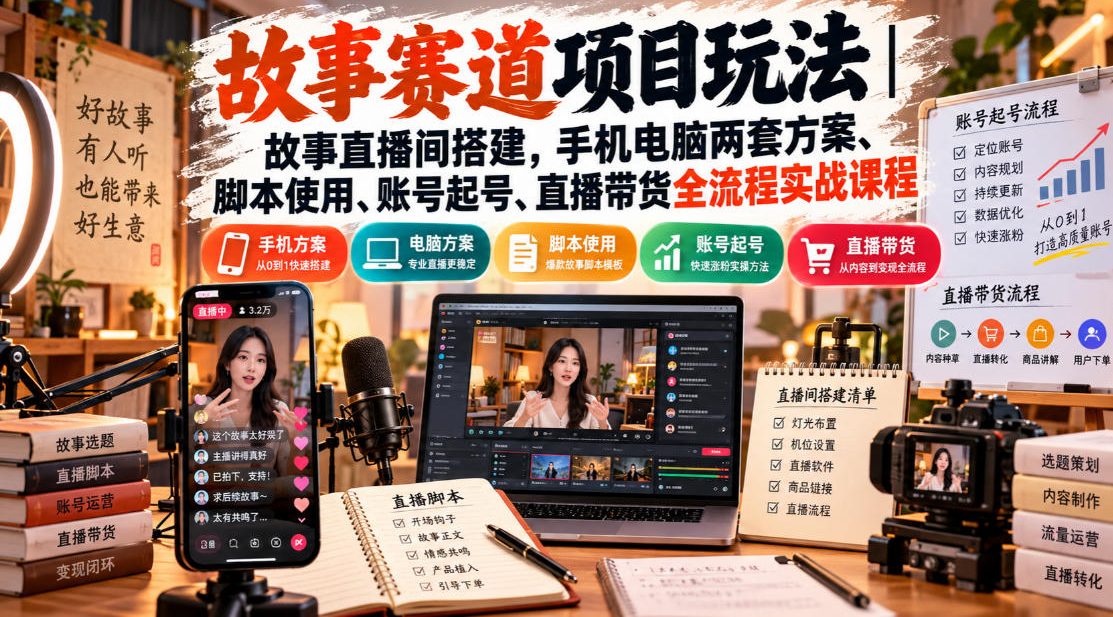 故事赛道项目玩法|故事直播间搭建,手机电脑两套方案、脚本使用、账号起号、直播带货全流程实战课程-777网创网