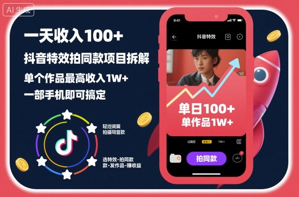 一天收入100+,抖音特效拍同款项目拆解,单个作品最高收入1W+,一部手机即可搞定