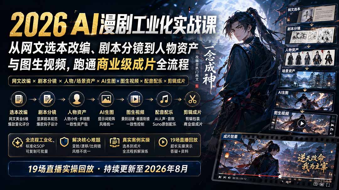 2026 AI漫剧工业化实战课-更新：从网文选本改编、剧本分镜到人物资产与图生视频，跑通商业级成片全流程-777网创网