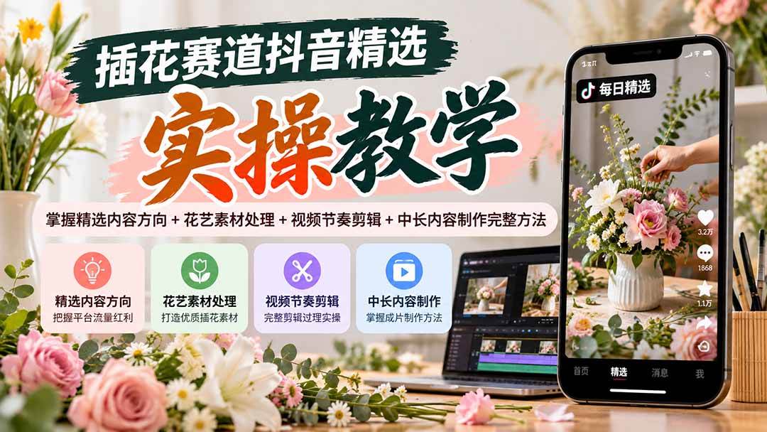 (20775期)插花赛道抖音精选实操教学:掌握精选内容方向+花艺素材处理+视频节奏剪辑+中长内容制作完整方法-777网创网