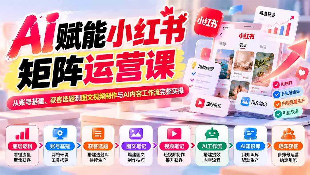 （20822期）AI赋能小红书矩阵运营课：从账号基建、获客选题到图文视频制作与AI内容工作流完整实操-777网创网