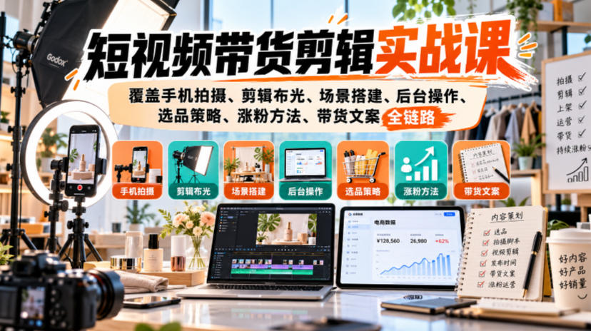 短视频带货剪辑实战课，覆盖手机拍摄、剪辑布光、场景搭建、后台操作、选品策略、涨粉方法、带货文案全链路-777网创网