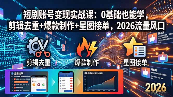 短剧账号变现实战课:0基础也能学,剪辑去重+爆款制作+星图接单,2026流量风口-777网创网