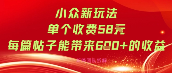 小众新玩法单个收费58米每篇帖子能带来6张+的收益-777网创网