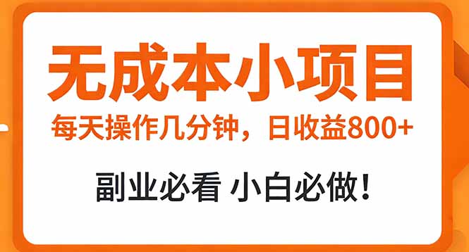 无成本小项目 每天操作几分钟，真实日收益800+ 副业必看 小白必做！-777网创网