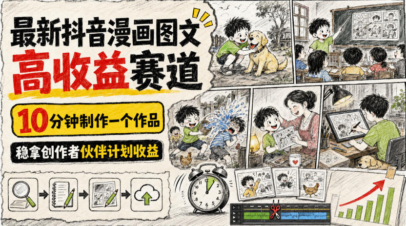 最新抖音漫画图文高收益赛道，10分钟制作一个作品，稳拿创作者伙伴计划收益-777网创网