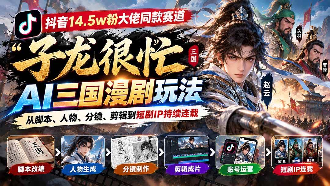 （20818期）抖音14.5w粉大佬同款赛道「子龙很忙」AI三国漫剧玩法：从脚本、人物、分镜、剪辑到短剧IP持续连载-777网创网