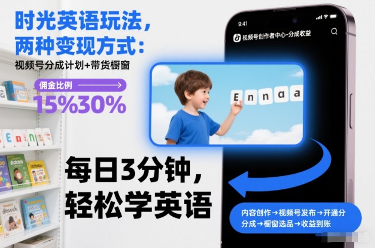 时光英语玩法，两种变现方式：视频号分成计划+带货橱窗-777网创网