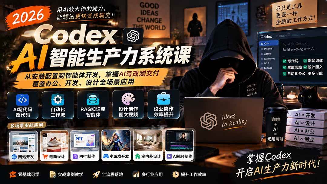 (20535期)2026 Codex AI智能生产力系统课-更新|从安装配置到智能体开发,掌握AI写改测交付,覆盖办公、开发、设计全场景应用-777网创网
