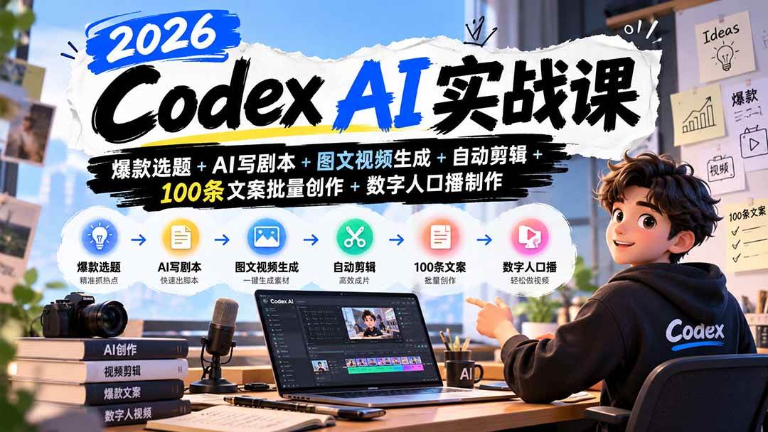(20899期)2026Codex AI实战课:爆款选题+AI写剧本+图文视频生成+自动剪辑+100条文案批量创作+数字人口播制作-777网创网