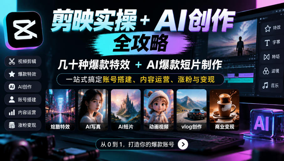 剪映实操+AI创作全攻略｜几十种爆款特效+AI爆款短片制作，一站式搞定账号搭建、内容运营、涨粉与变现-777网创网