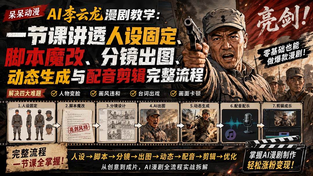 （20107期）呆呆动漫AI李云龙漫剧教学：一节课讲透人设固定、脚本魔改、分镜出图、动态生成与配音剪辑完整流程-777网创网