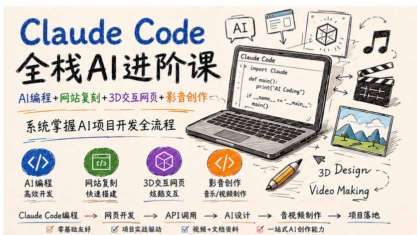 Claude Code全栈AI进阶课;AI编程+网站复刻+3D交互网页+影音创作,系统掌握AI项目开发全流程-777网创网