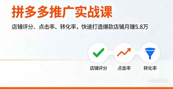 （16115期）拼多多推广实战课，店铺评分、点击率、转化率，快速打造爆款店铺月赚5.8万-777网创网