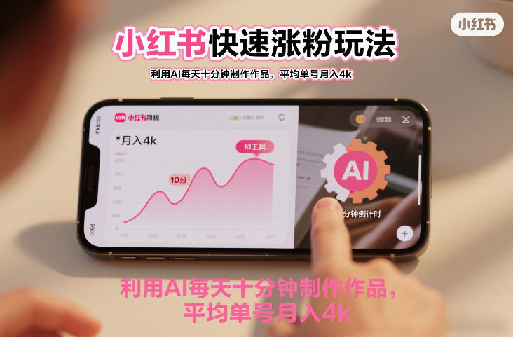 小红书快速涨粉玩法，利用AI每天十分钟制作作品，平均单号月入4k-777网创网