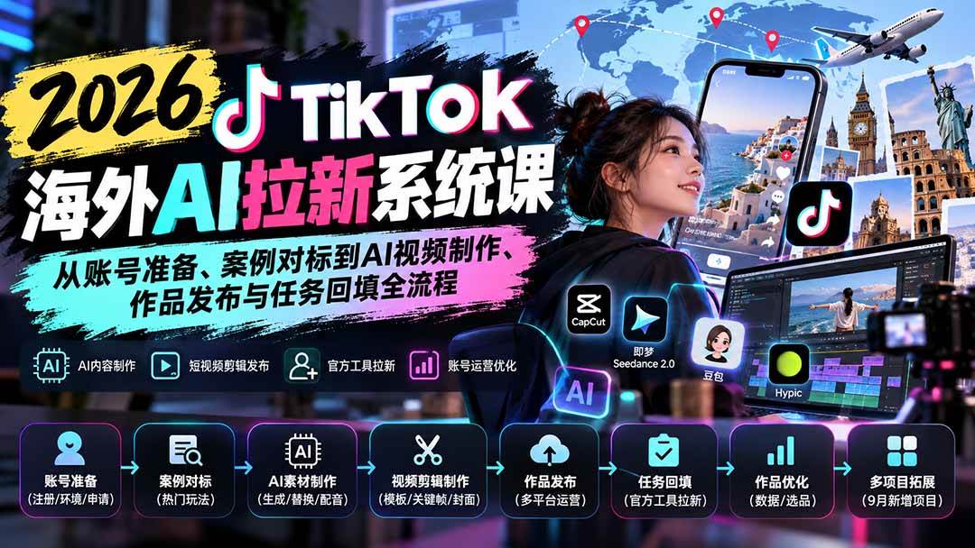 （20675期）【无水印】2026 TikTok海外AI拉新系统课：从账号准备、案例对标到AI视频制作、作品发布与任务回填全流程-777网创网