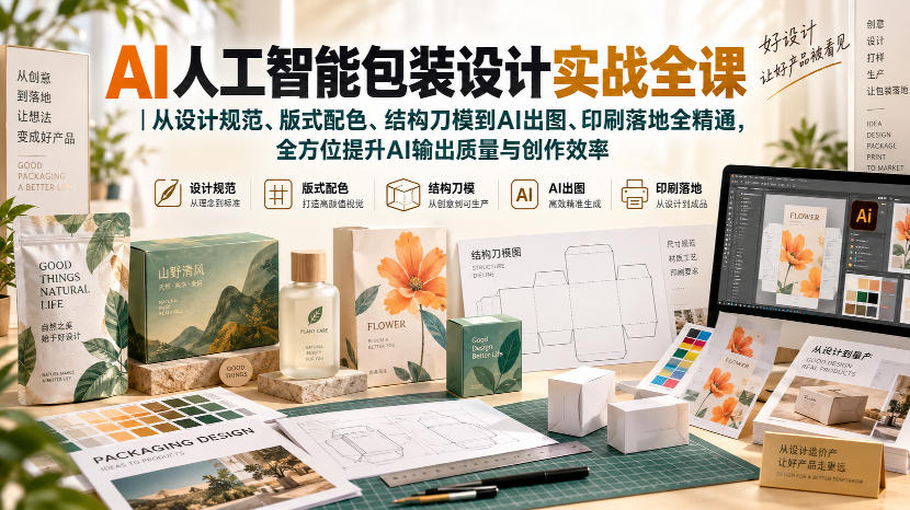 AI人工智能包装设计实战全课|从设计规范、版式配色、结构刀模到AI出图、印刷落地全精通-777网创网