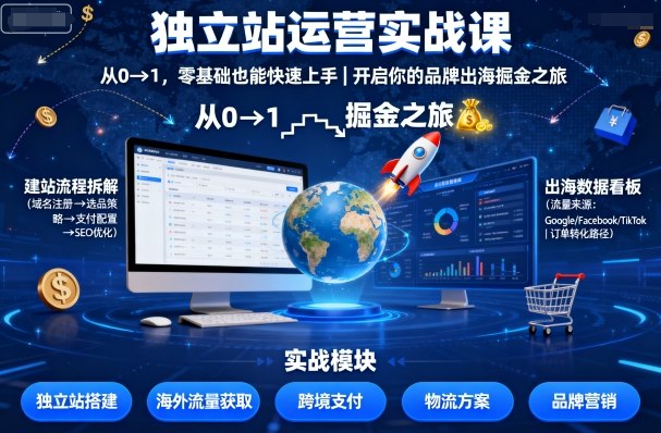 独立站运营实战课,从0到1,零基础也能快速上手,开启你的品牌出海掘金之旅