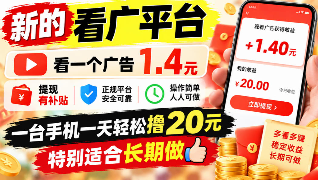 一个新的看广平台,看一个广告1.4元,提现有补贴,一台手机一天轻松撸20+,特别适合长期做【揭秘】-777网创网