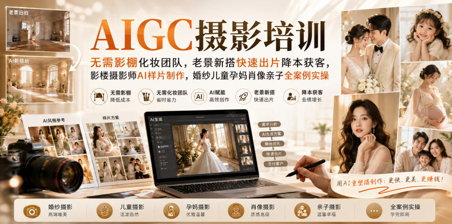AIGC摄影培训｜无需影棚化妆团队，老景新搭快速出片降本获客，影楼摄影师AI样片制作，婚纱儿童孕妈肖像亲子全案例实操-777网创网