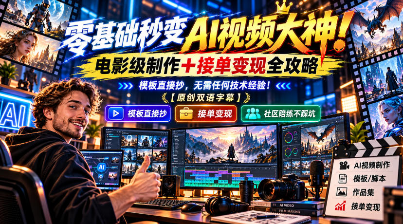 零基础秒变AI视频大神!电影级制作+接单变现全攻略,模板直接抄,无需任何技术经验!【原创双语字幕】-777网创网