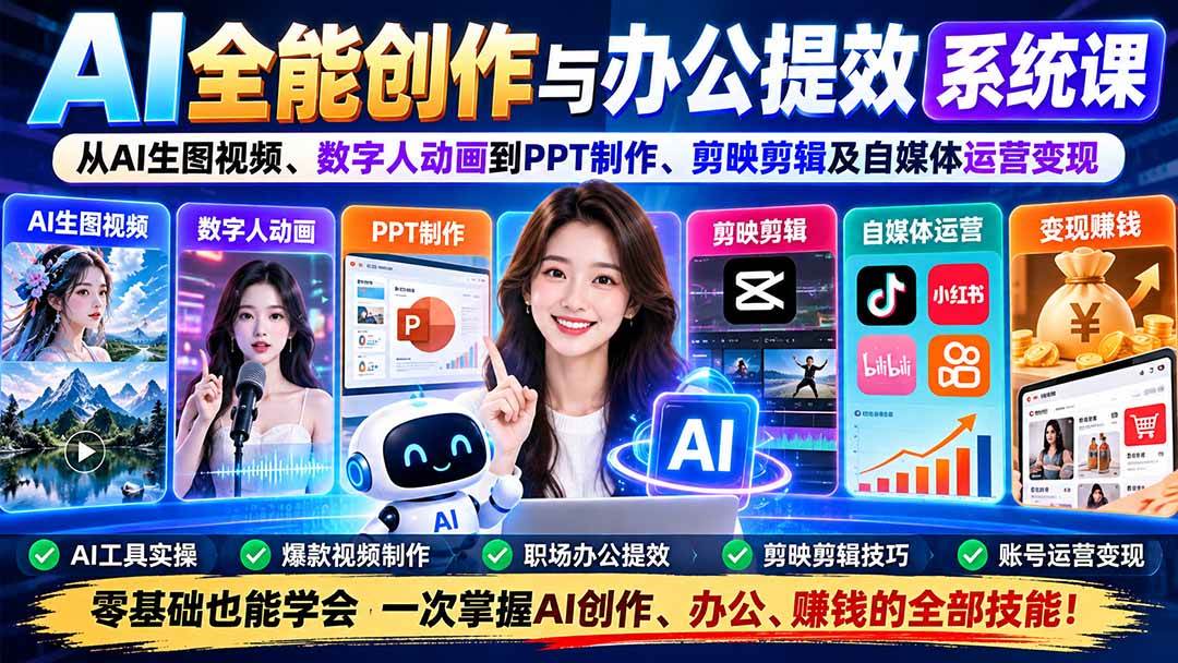 (20885期)AI全能创作与办公提效系统课:从AI生图视频、数字人动画到PPT制作、剪映剪辑及自媒体运营变现-777网创网