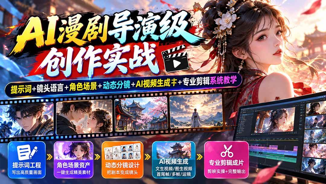 (20814期)AI漫剧导演级创作实战:提示词+镜头语言+角色场景+动态分镜+AI视频生成+专业剪辑系统教学-777网创网