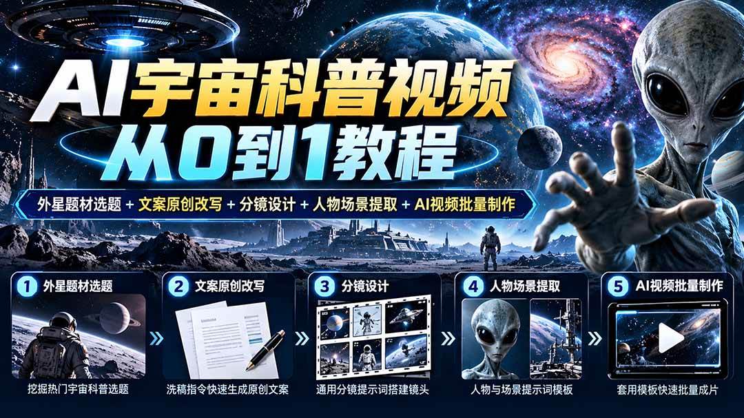 (20774期)AI宇宙科普视频从0到1教程|外星题材选题+文案原创改写+分镜设计+人物场景提取+AI视频批量制作-777网创网