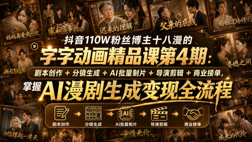 抖音110W粉丝博主十八漫的字字动画精品课第4期:剧本创作+分镜生成+剪辑+商业接单,掌握AI漫剧生成变现全流程(更新0916)-777网创网