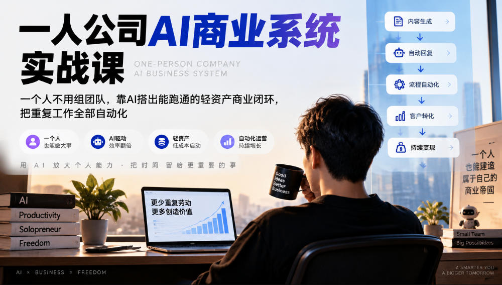 一人公司AI商业系统实战课,一个人不用组团队,靠AI搭出能跑通的轻资产商业闭环,把重复工作全部自动化-777网创网