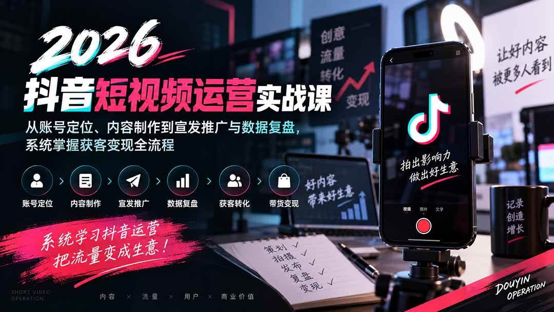 (20406期)2026抖音短视频运营实战课:从账号定位、内容制作到宣发推广与数据复盘,系统掌握获客变现全流程-777网创网