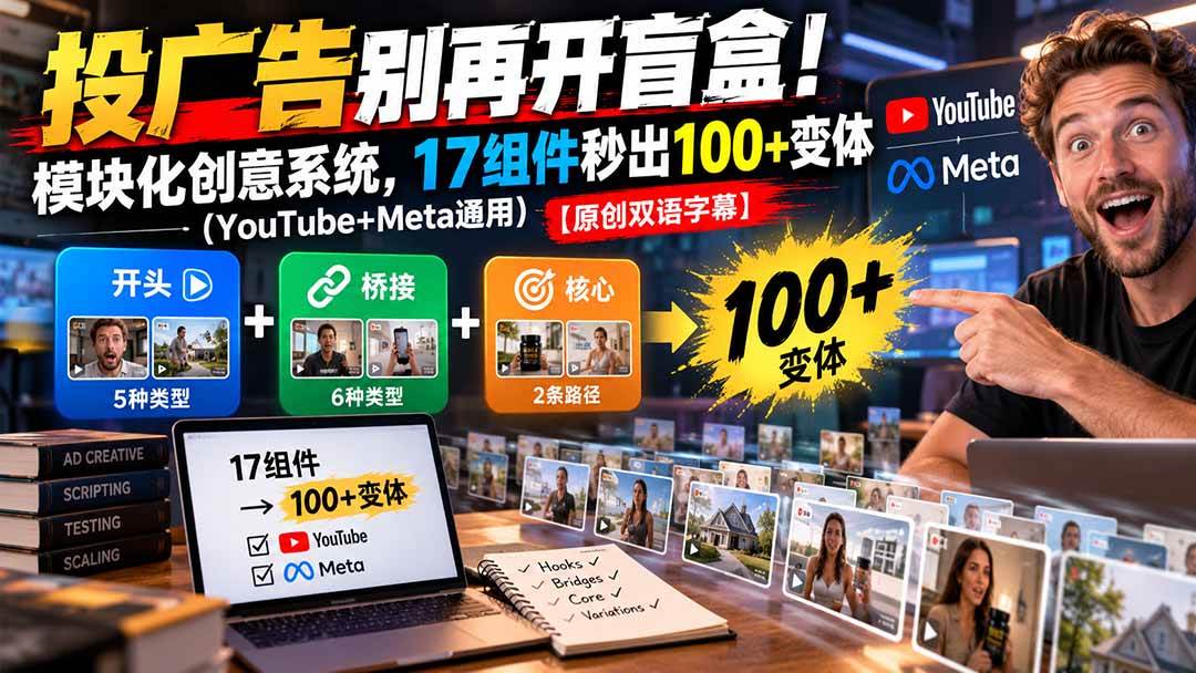 （20840期）投广告别再开盲盒！模块化创意系统，17组件秒出100+变体（YouTube+Meta通用）【原创双语字幕】-777网创网
