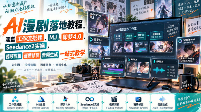 AI漫剧落地教程，涵盖工作流搭建、MJ、即梦4.0、Seedance2实操，视频剪辑画质修复音频生成一站式教学-777网创网