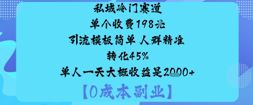 私域冷门赛道:单个收费198米引流模板简单人群精准转化45%单人一天大概收益是1k+-777网创网