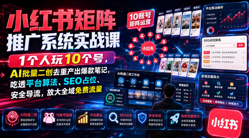 小红书矩阵推广系统实战课｜1个人玩10个号，AI批量二创去重产出爆款笔记，吃透平台算法、SEO占位、安全导流，放大全域免费流量-777网创网