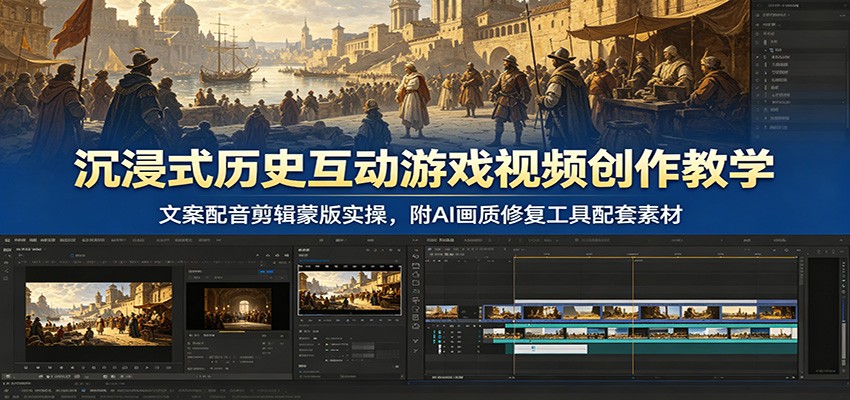 沉浸式历史互动游戏视频创作教学：文案配音剪辑蒙版实操，附AI画质修复工具配套素材-777网创网