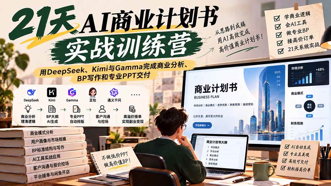 （20637期）【无水印】21天AI商业计划书实战训练营：用DeepSeek、Kimi与Gamma完成商业分析、BP写作和专业PPT交付-777网创网