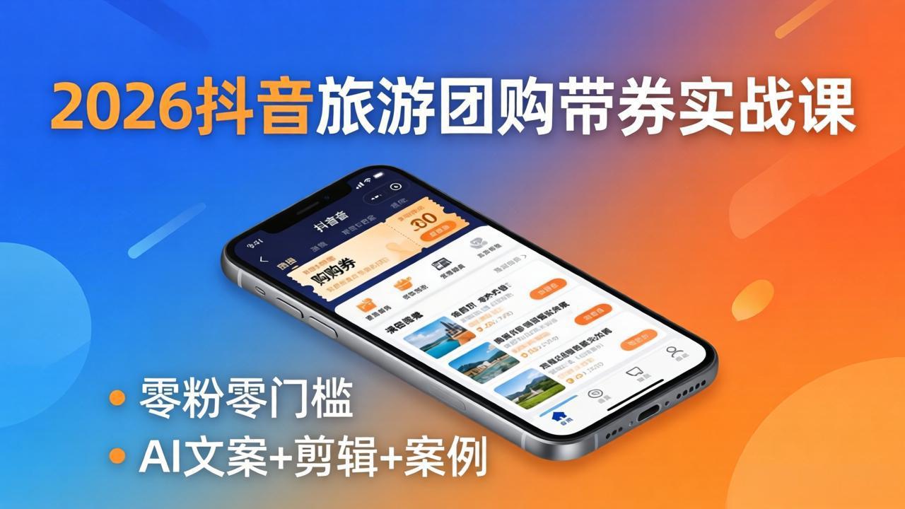 2026抖音旅游团购带券实战课:零粉零门槛,AI文案+剪辑+案例,躺着赚门票佣金-777网创网