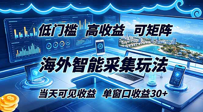海外智能采集玩法，低门槛高单价可矩阵，当天可见收益，单窗口30+-777网创网