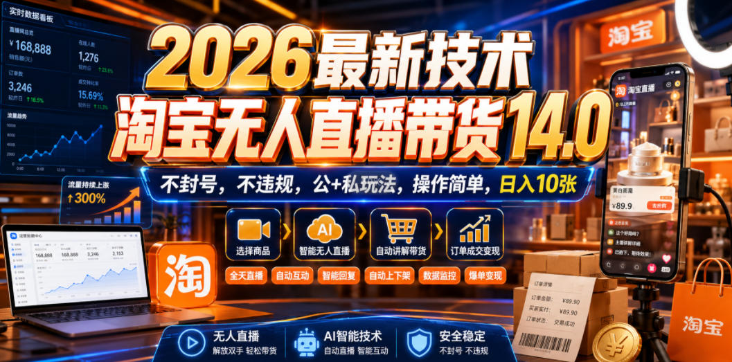 2026最新技术，淘宝无人直播带货14.0，不封号，不违规，公+私玩法，操作简单，日入10张【揭秘】-777网创网