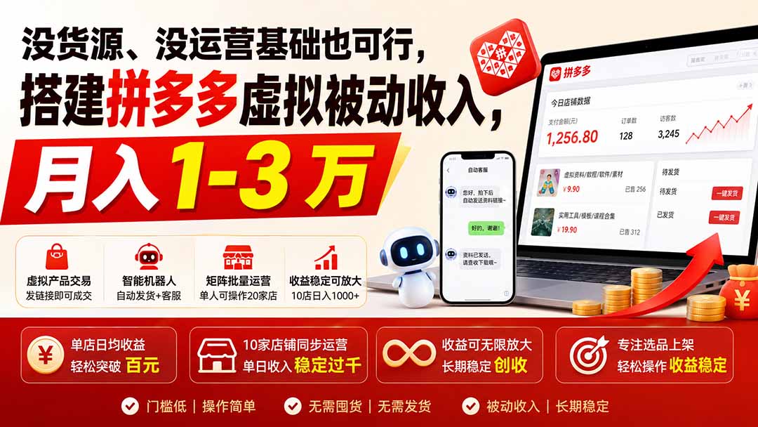 没货源、没运营基础也可行，搭建多多虚拟被动收入，月入 1-3 万-777网创网